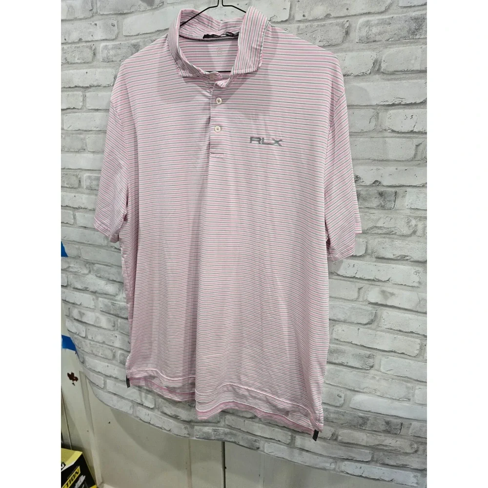 Ralph Lauren RLX Pink Gray White Horitzontal Stripe Polo Sz XL‎ Embroidered Logo